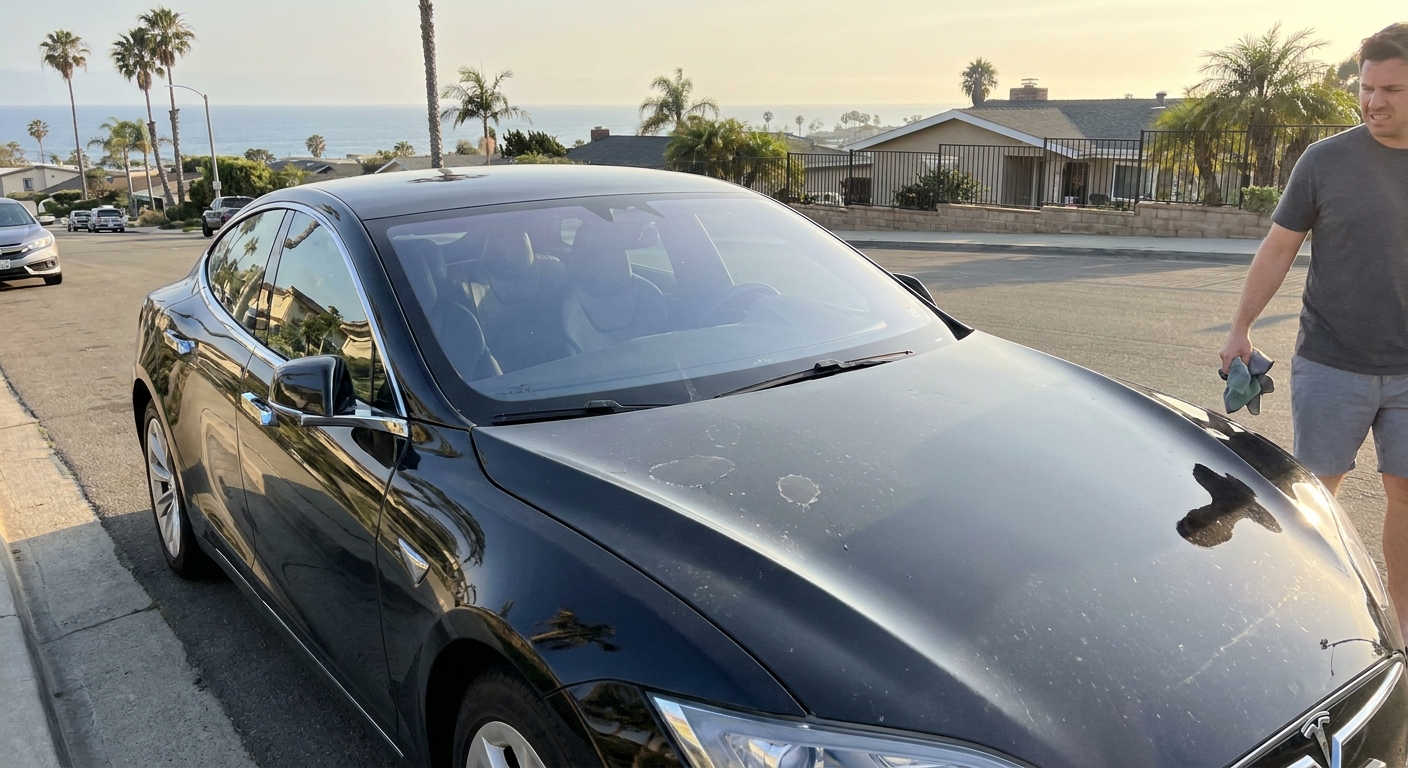 Black car in San Diego showing dust, water spots, and fingerprints after a wash