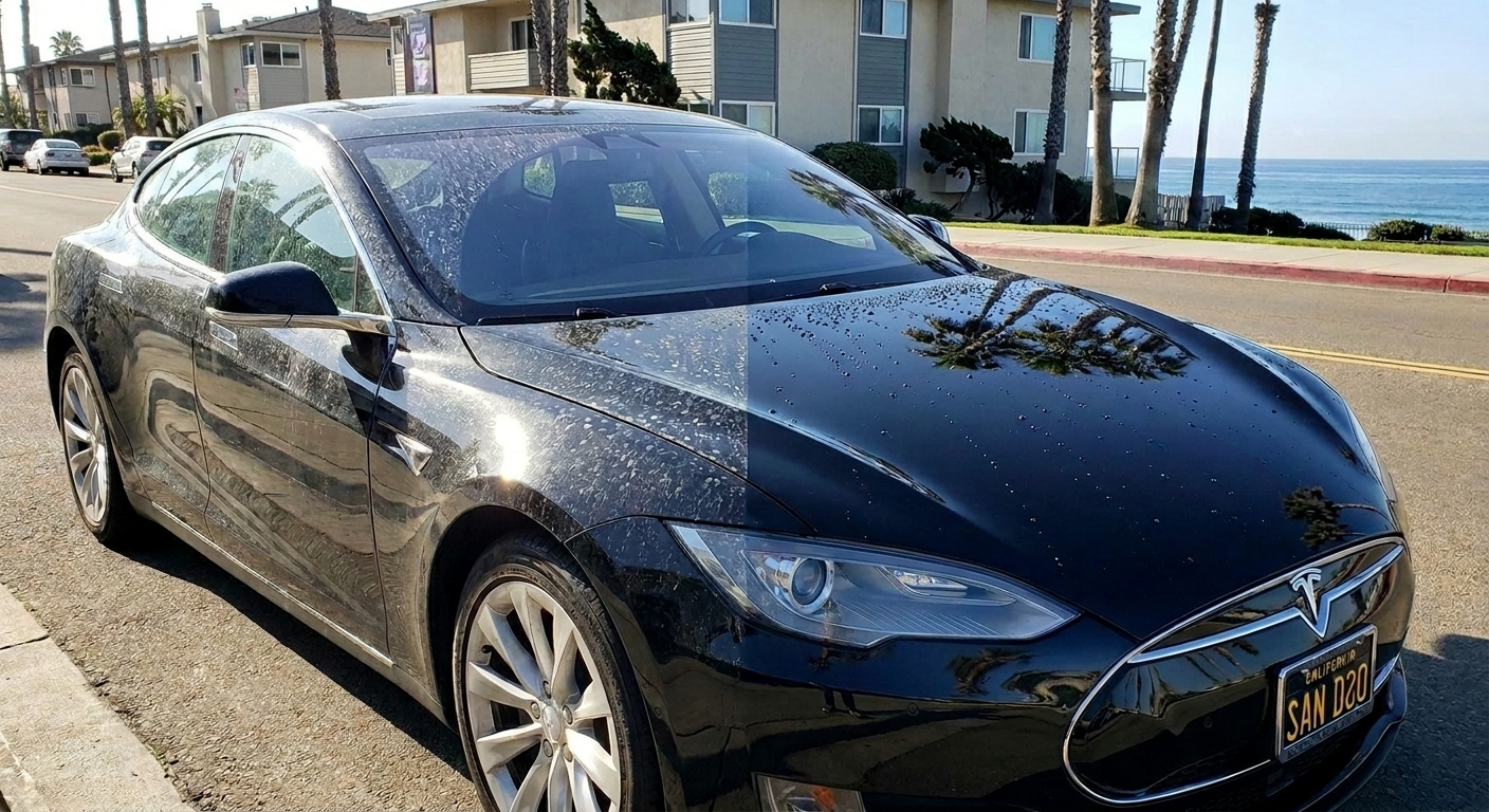 Ceramic coating helps prevent water spots on cars in San Diego by creating a hydrophobic barrier that repels water and minerals.