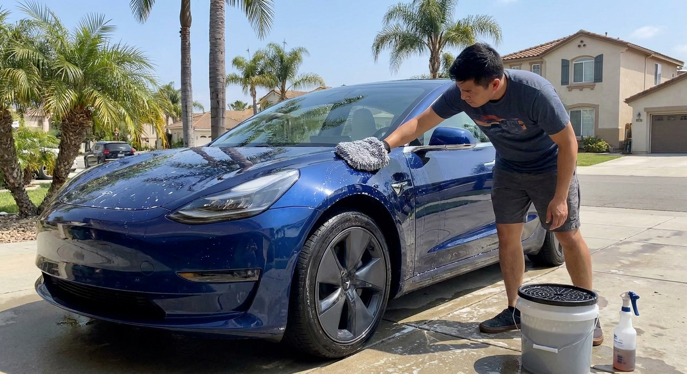 Ceramic-coated car being washed regularly in San Diego to maintain shine and protection